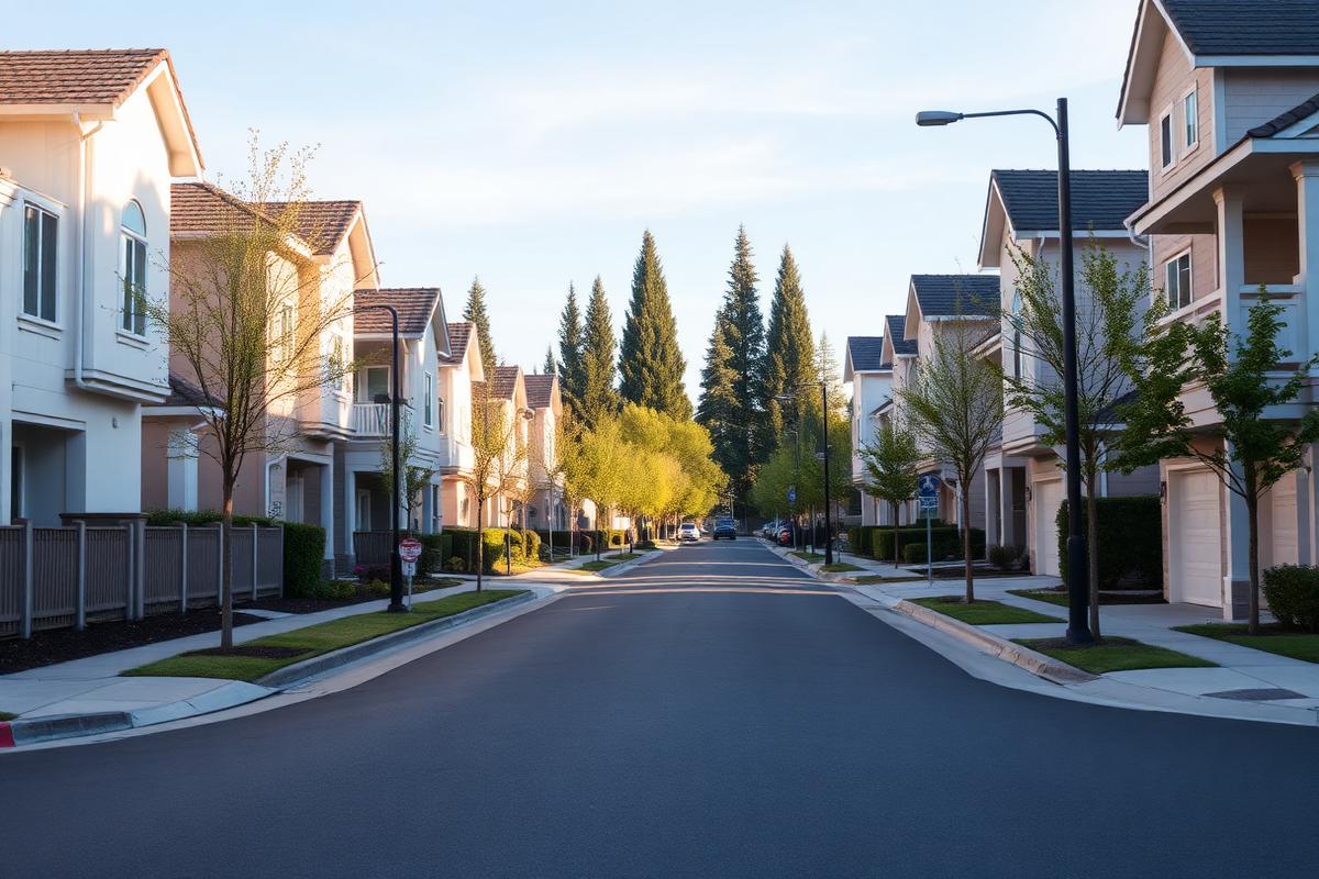 Modern residential neighborhood street in Fremont, California on a clear day.