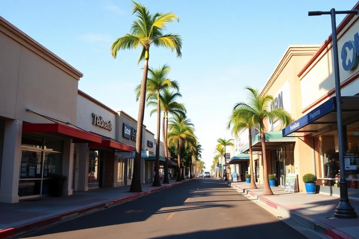 Sunny commercial street in Hayward, California where Banda Financial Realty Group serves local clients.