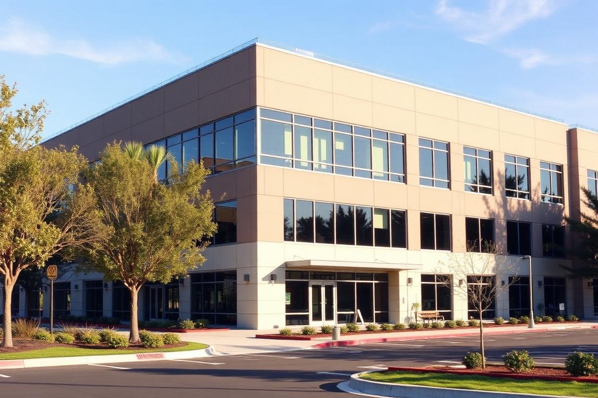 Exterior of a professional office building in a Hayward, California business park.