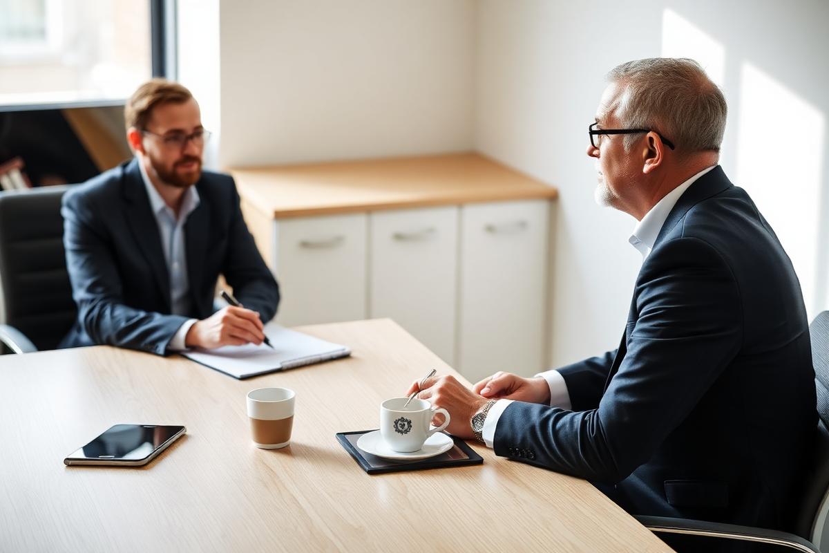 Client asking questions of a financial strategist across a conference table.