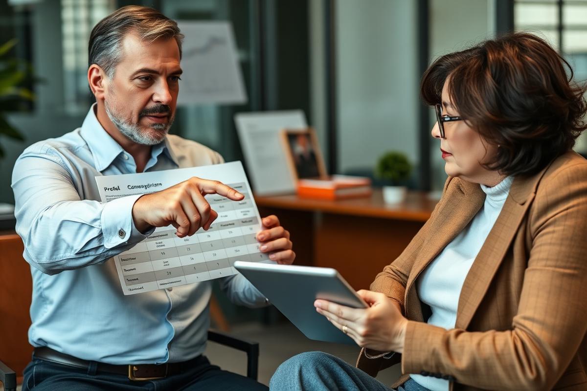 Insurance agent presenting policy comparison options to a client on a tablet.