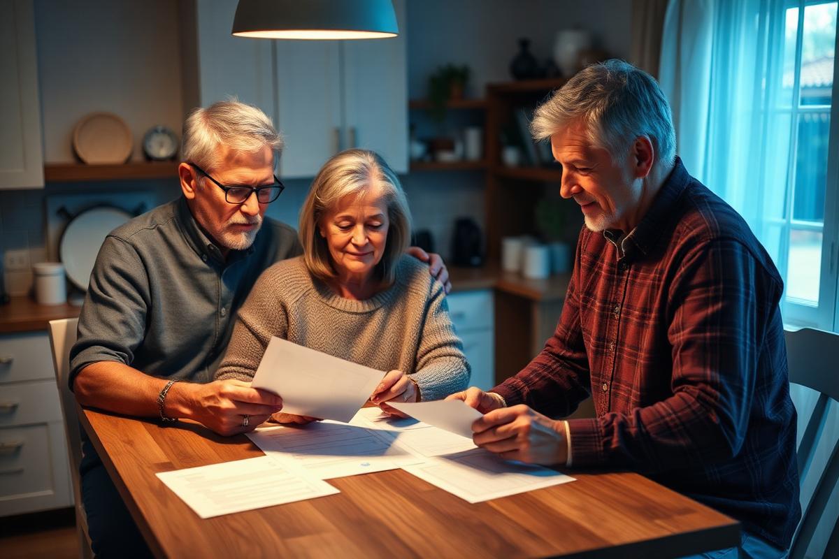 Family reviewing life insurance and retirement paperwork together at a kitchen table.