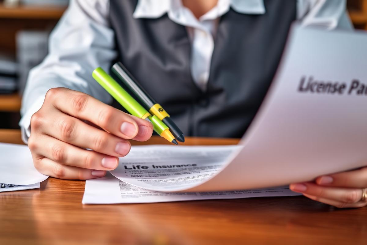 Licensed agent marking key sections of a life insurance policy document with a highlighter.