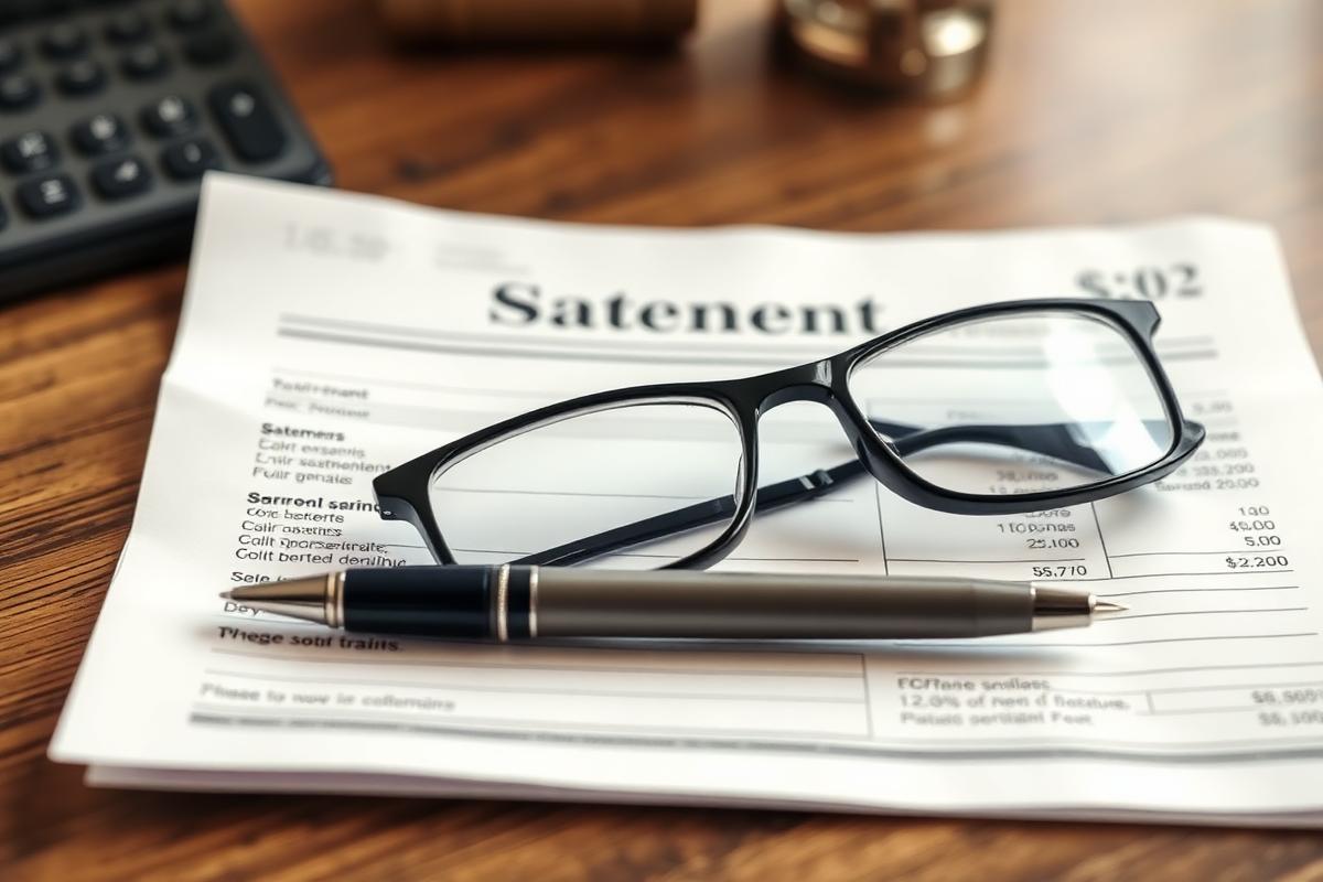 Retirement account statement with reading glasses and a pen on a wooden desk.