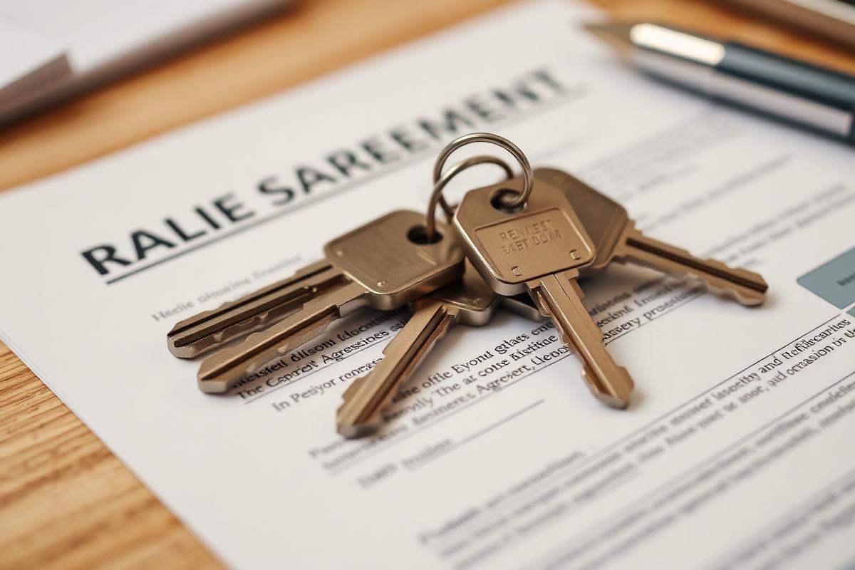 House keys resting on a signed real estate purchase agreement on a desk.