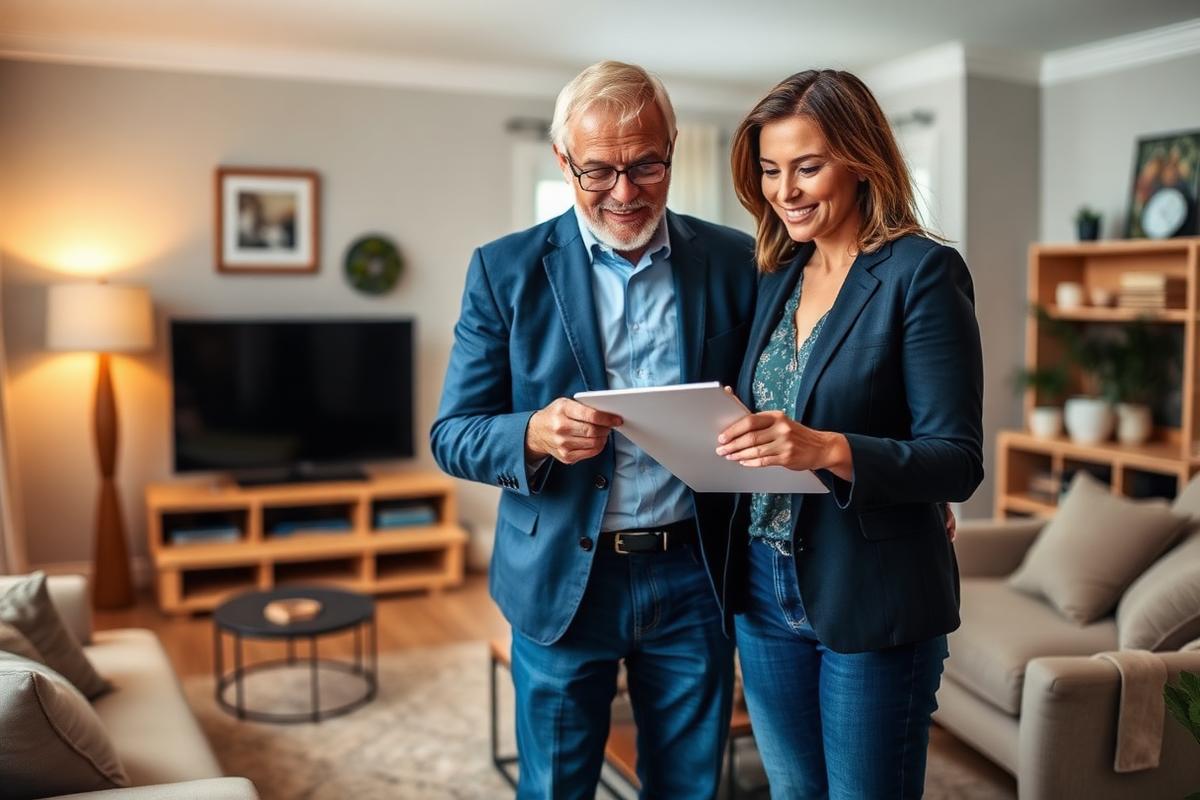 Real estate agent reviewing listing notes with a homeowner in their living room.