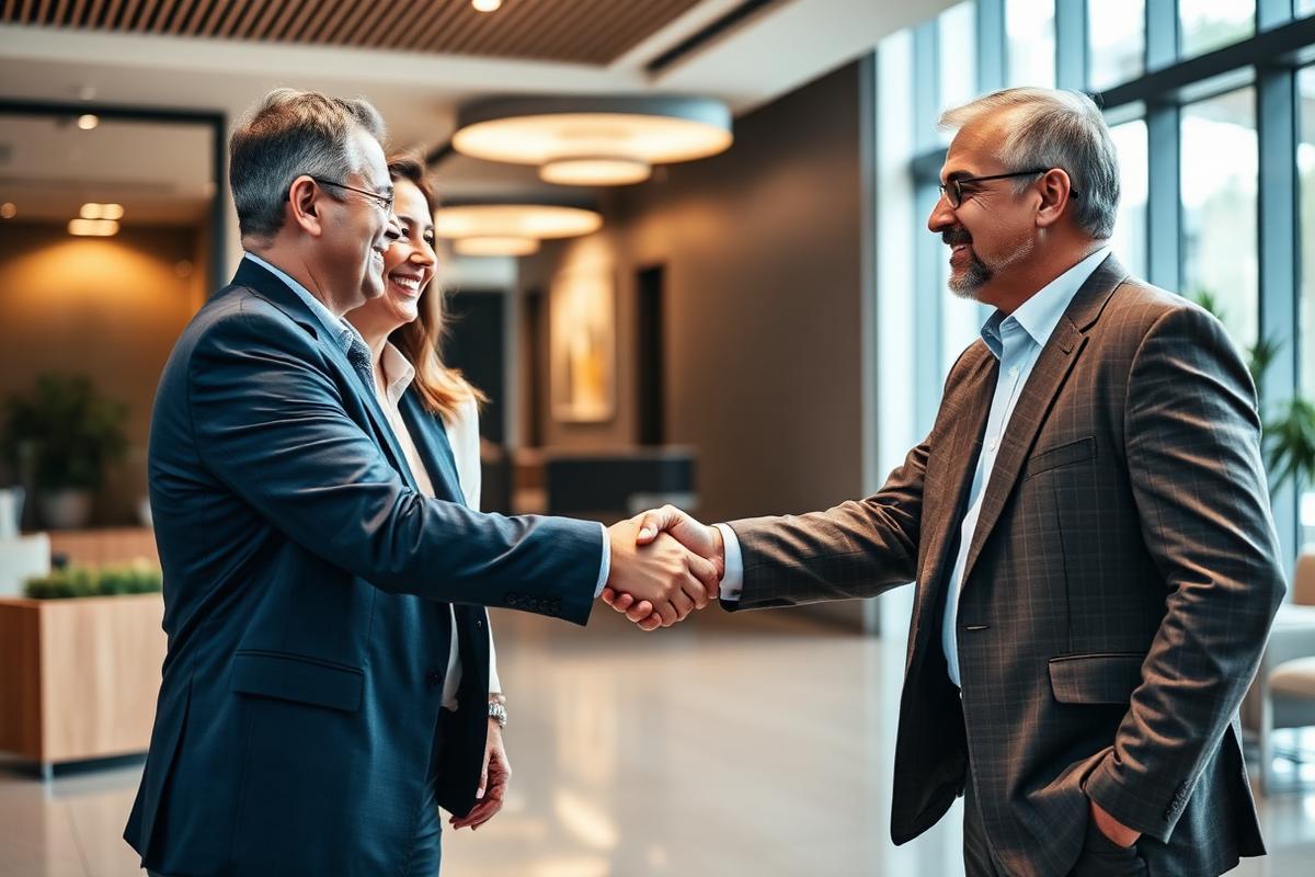 Clients shaking hands with their advisor in a modern office lobby after a consultation.